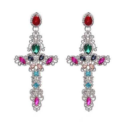Multicolour Crystal Sparkling Rhinestone Diamante Cross Statement Earrings