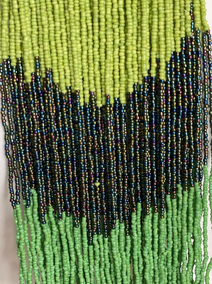 Authentic Green African Beaded Tribal Ethnic Fringe Tassel Brass Pendant