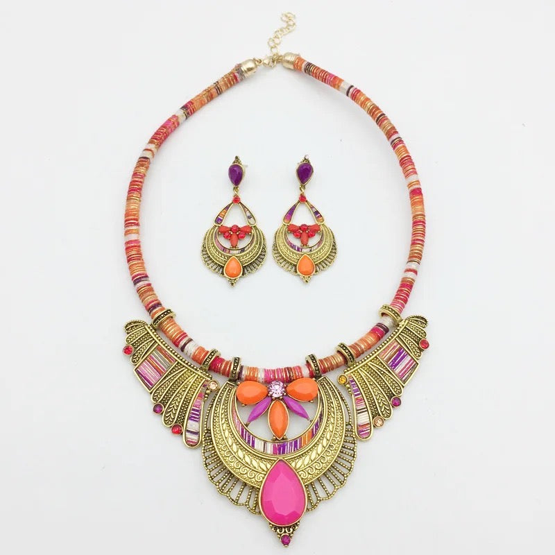 Bohemian Colourful Ethnic Beaded Crystals Statement Necklace Set