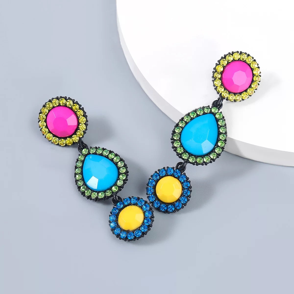 Long Bohemian Multicoloured Resin Rhinestones Beads Teardrop Dangle Earrings