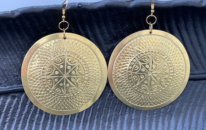 Large Authentic African Ethnic Tribal Engraved Brass Dangle Earrings