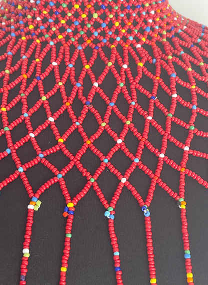 Red Authentic Maasai Zulu Ethnic Beaded Collar Shoulder Body Jewelle