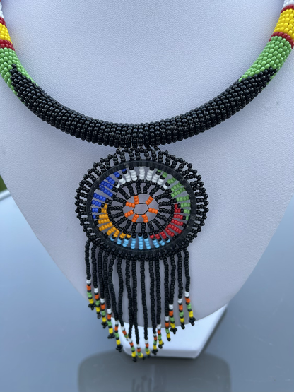 African Zulu Inspired Beaded Tassel Pendant Necklace