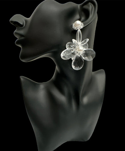 Elegant Clear Acrylic Flower Dangle Earrings – Lightweight Pearl Stud Statement Jewellery for Women - Fatisha Boutique