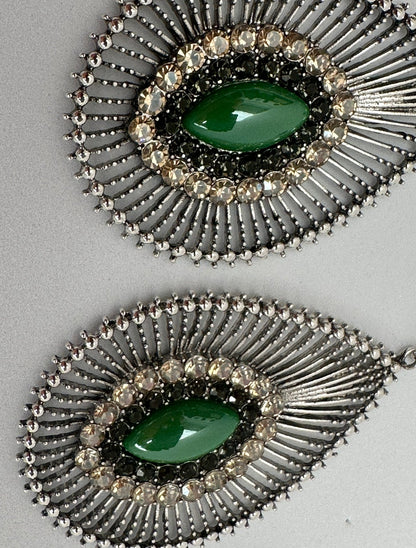 Elegant Green Resin Diamante Rhinestone Teardrop Dangle Statement Earrings - Fatisha Boutique