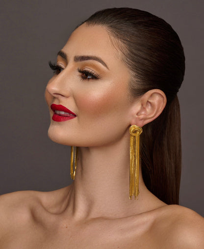Elegant Long Gold - Plated Stainless Steel Knot Tassel Statement Dangle Earrings - Fatisha Boutique