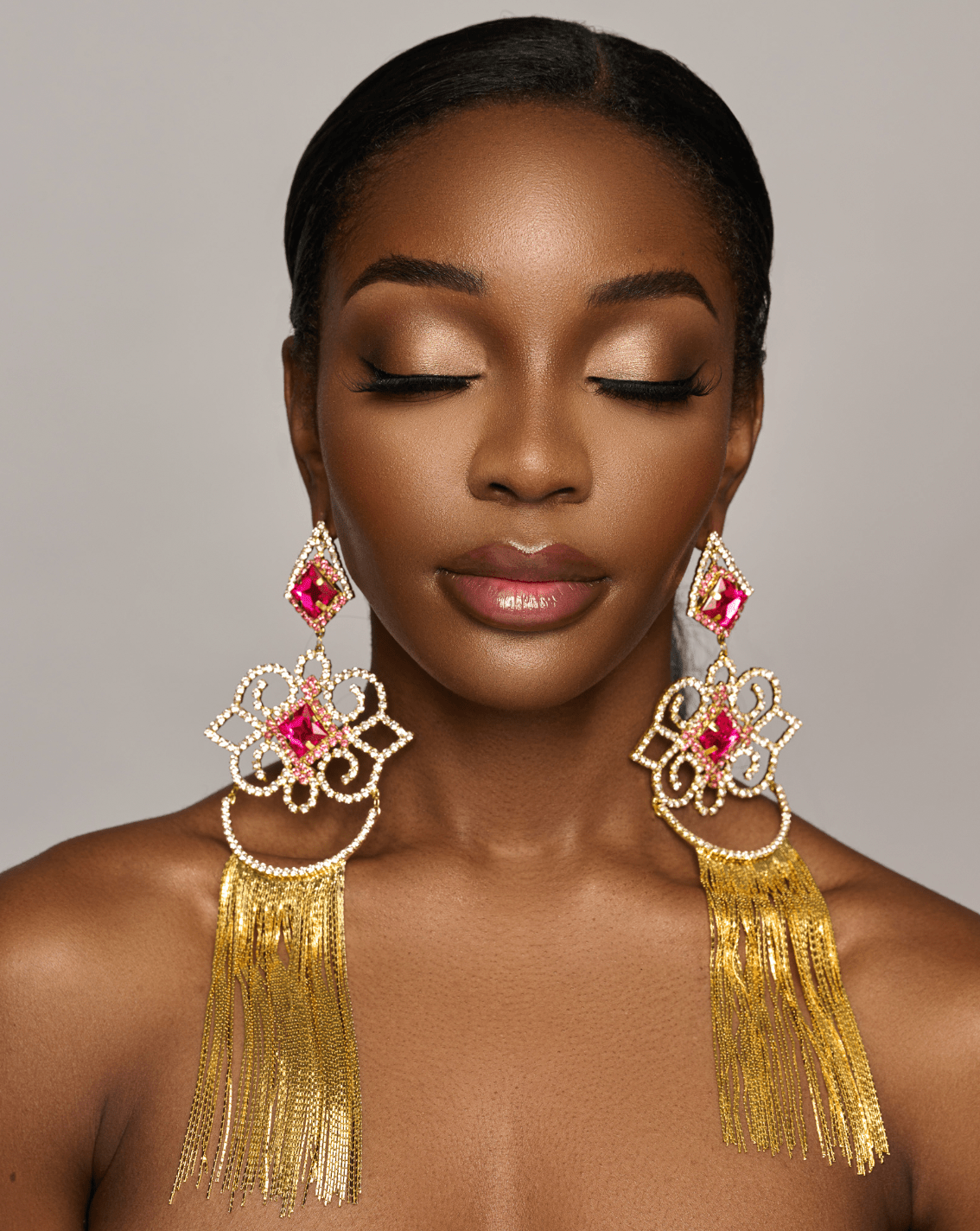 Extra Long Luxury Pink Elegant Rhinestones Diamante Statement Earrings - Fatisha Boutique