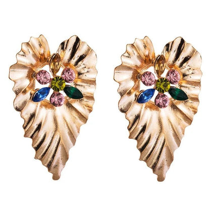 Gold Plated Leaf shaped Design Centred Rhinestone Stud Earrings - Fatisha Boutique