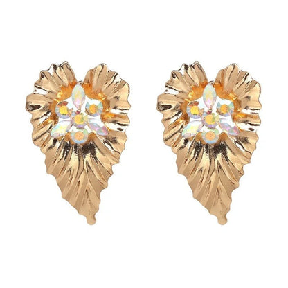 Gold Plated Leaf shaped Design Centred Rhinestone Stud Earrings - Fatisha Boutique