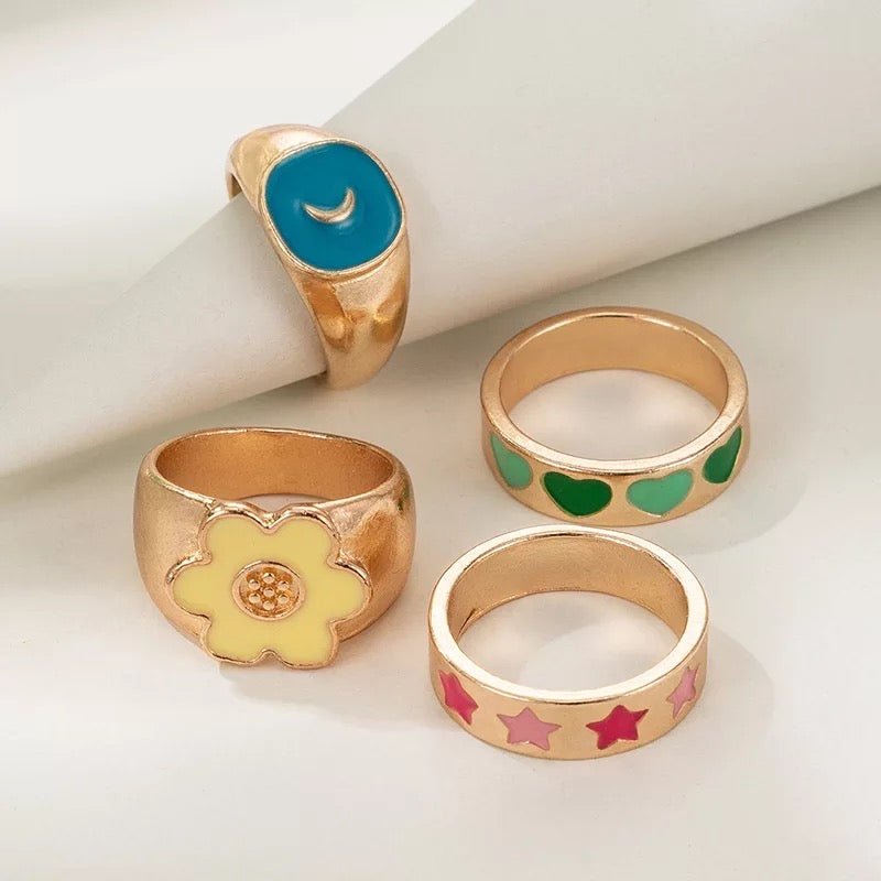 Gold - Plated Pastel Fun Statement Ring Set – 4 - Piece Retro Style - Fatisha Boutique