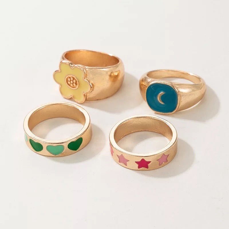 Gold - Plated Pastel Fun Statement Ring Set – 4 - Piece Retro Style - Fatisha Boutique