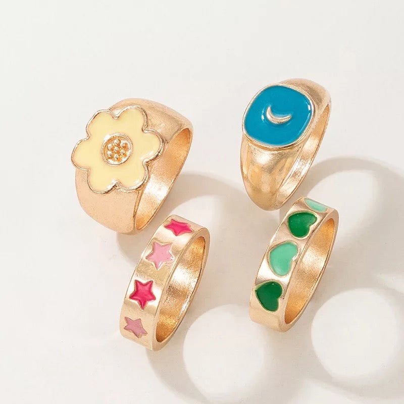 Gold - Plated Pastel Fun Statement Ring Set – 4 - Piece Retro Style - Fatisha Boutique