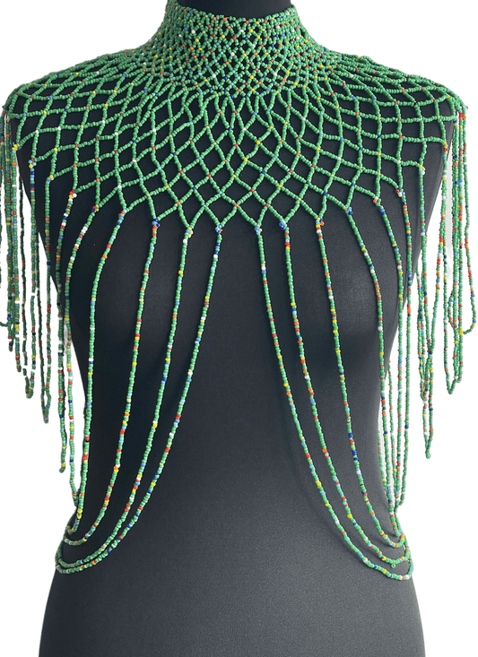 Green Authentic Maasai Zulu Ethnic Beaded Collar Shoulder Body Jewellery - Fatisha Boutique