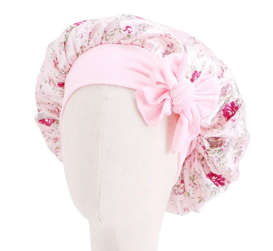 Kids Single Layered Bow Tied Design Printed Satin Silk Bonnet Caps - Fatisha Boutique