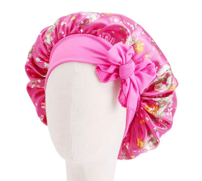 Kids Single Layered Bow Tied Design Printed Satin Silk Bonnet Caps - Fatisha Boutique