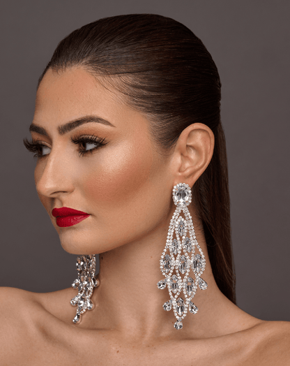 Long Glamorous Diamante Rhinestone Teardrop Tassel Statement Earrings - Fatisha Boutique