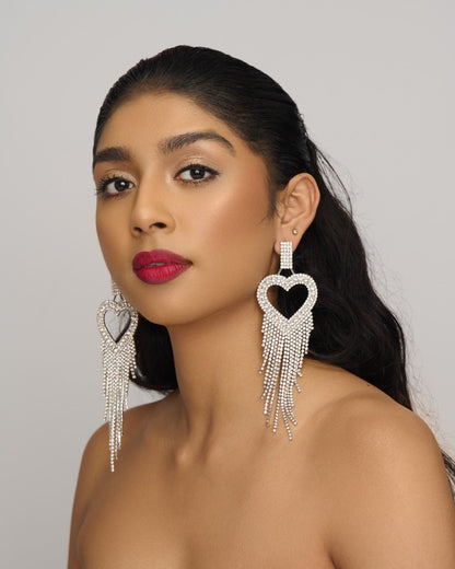 Long Glamorous Statement Diamante Heart Shaped Design Rhinestone Tassel Earrings - Fatisha Boutique