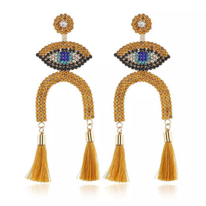 Long Rhinestone Eye Statement Tassel Stud Dangle Drop Earrings - Fatisha Boutique