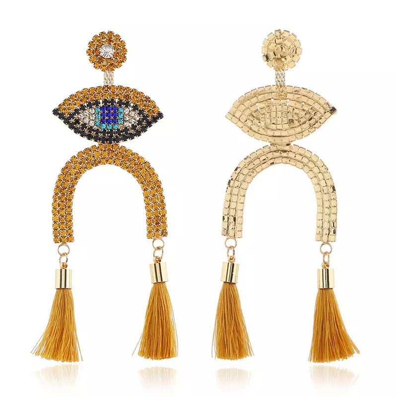 Long Rhinestone Eye Statement Tassel Stud Dangle Drop Earrings - Fatisha Boutique
