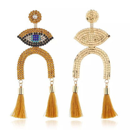 Long Rhinestone Eye Statement Tassel Stud Dangle Drop Earrings - Fatisha Boutique