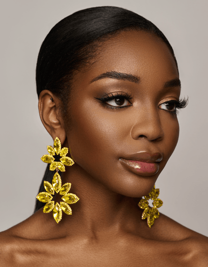 Long Yellow Glamorous Diamante Rhinestone Daisy Flower Statement Earrings - Fatisha Boutique