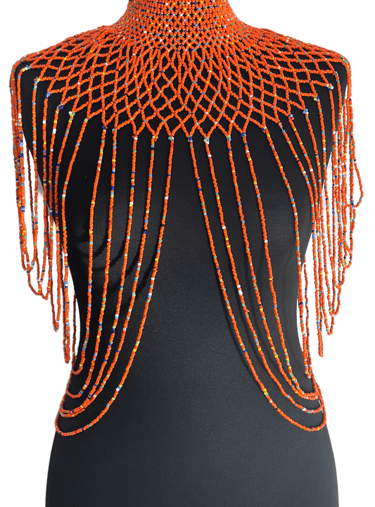 Orange Authentic Maasai Zulu Ethnic Beaded Collar Shoulder Body Jewellery - Fatisha Boutique