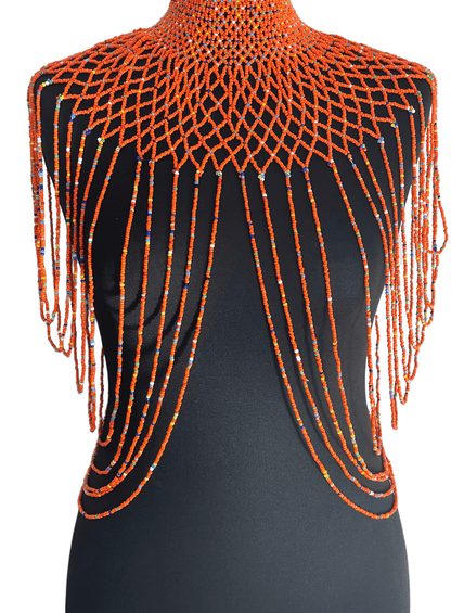 Orange Authentic Maasai Zulu Ethnic Beaded Collar Shoulder Body Jewellery - Fatisha Boutique