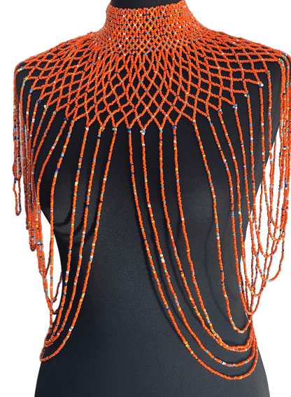 Orange Authentic Maasai Zulu Ethnic Beaded Collar Shoulder Body Jewellery - Fatisha Boutique