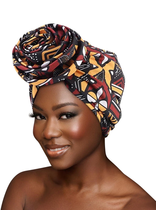 Pre - Tied Ankara Fabric Flower Turban Caps - Fatisha Boutique